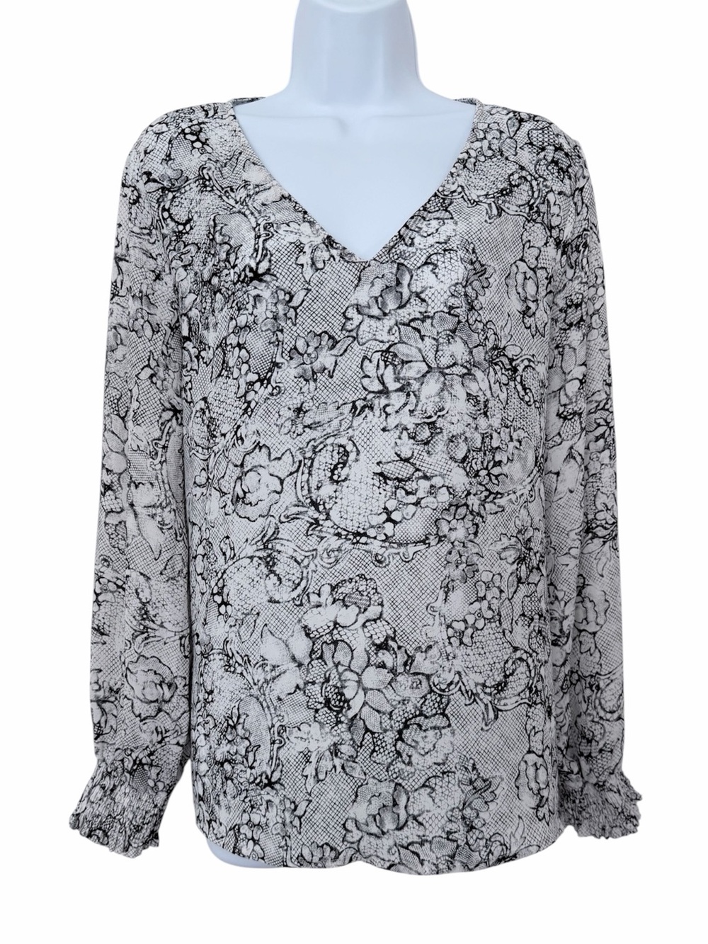 Worthington White Black Ruffled Long Sleeve Blouse Size L